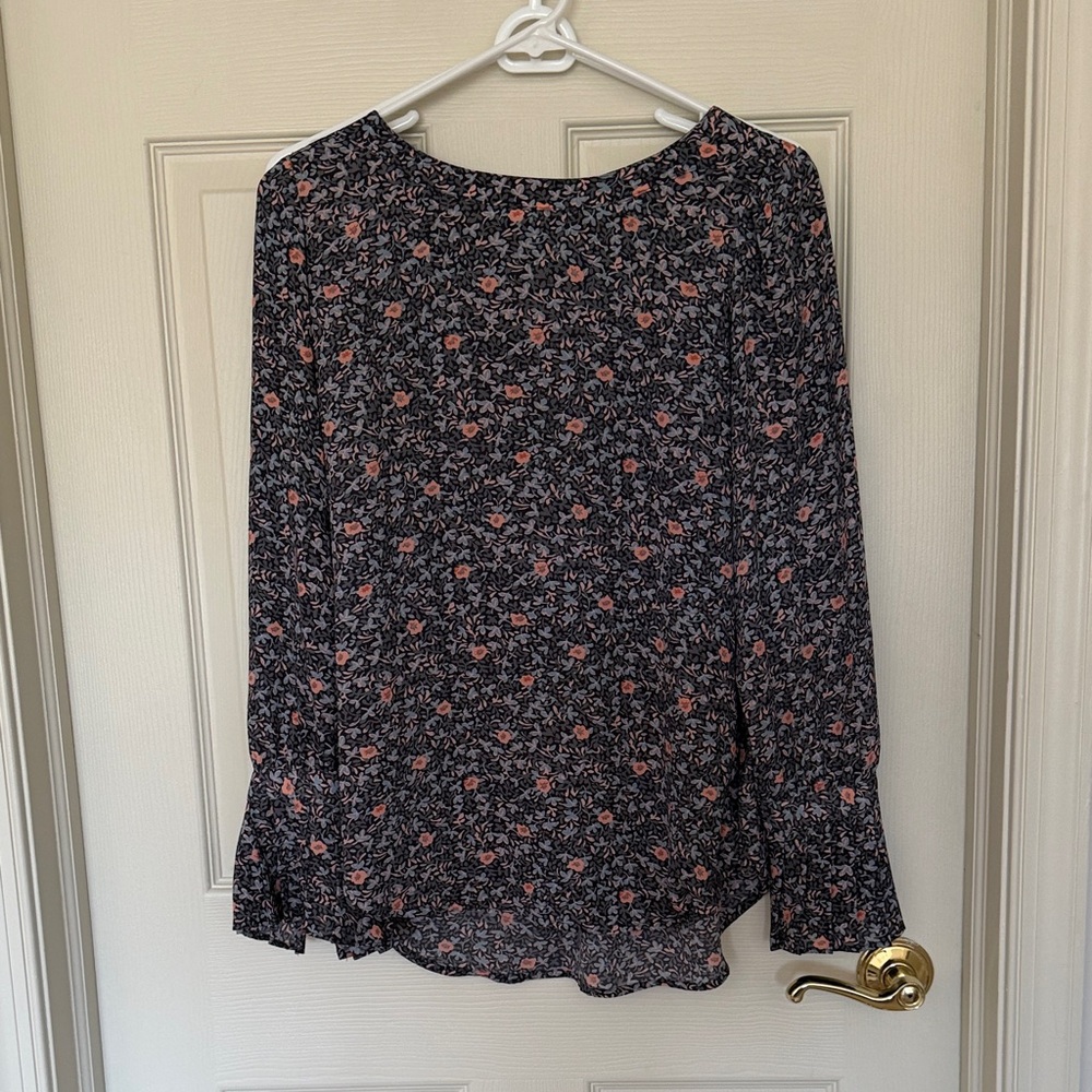 LOFT Black Floral Long-Sleeve Blouse with Pink Flowers